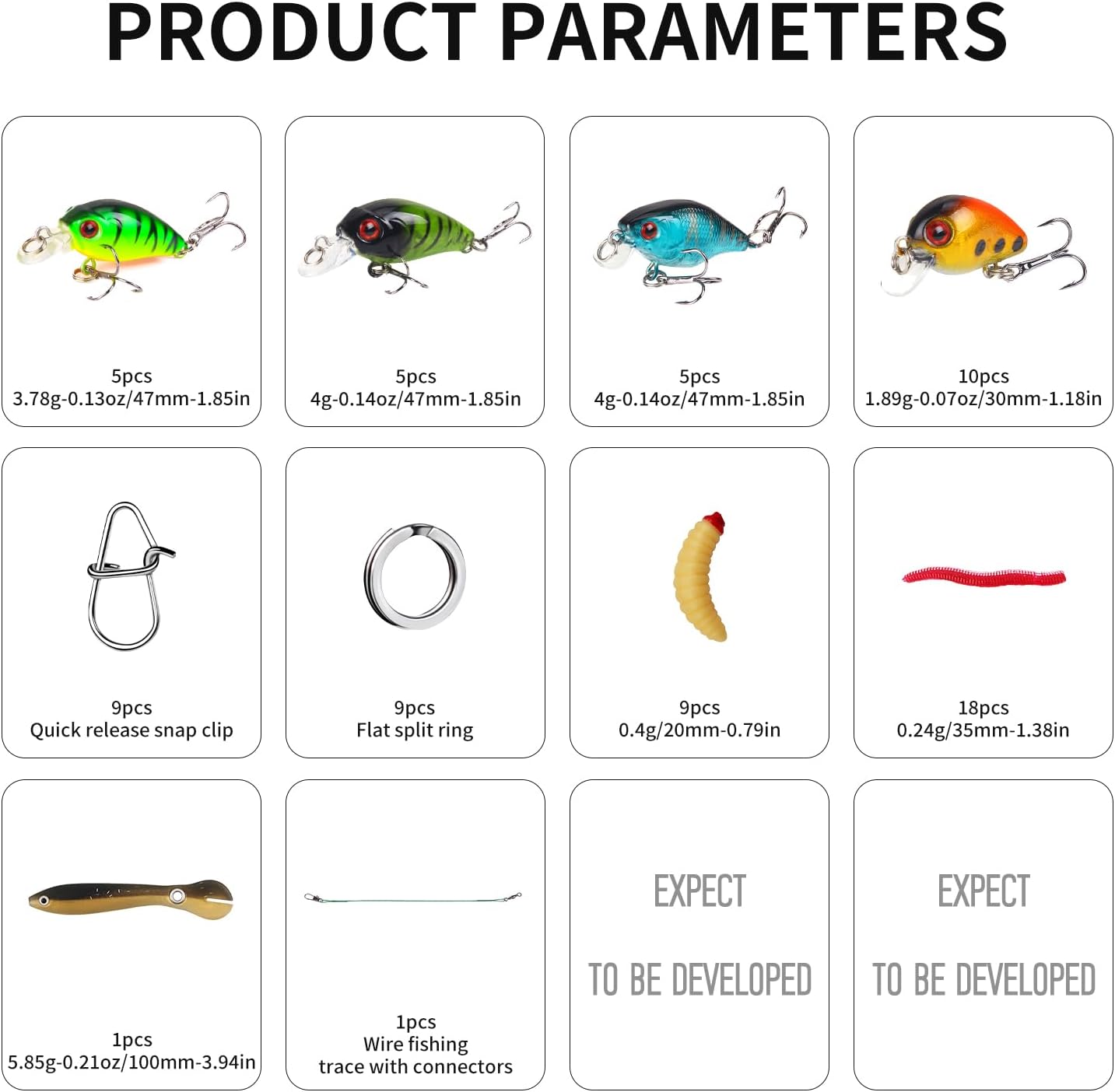 Kit de Señuelos Artificiales de Pesca Mixto Incluyendo Minnow de Aleta de Buceo Frontal, Popper de Superficie, Cebos de Manivela, Lápiz VIB con Anzuelo y Señuelos Suaves, Accesorios para Agua