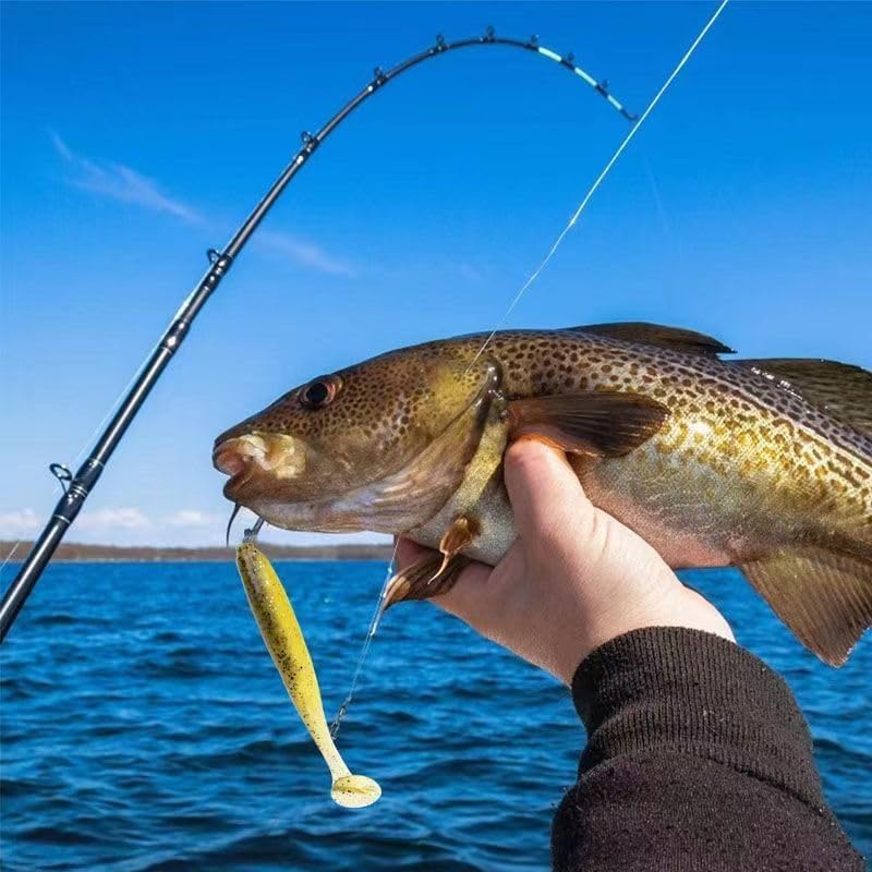 Kit Señuelos de Pesca Suaves 90 Piezas + 5 Anzuelos Cola de Pala para Lubina y Trucha