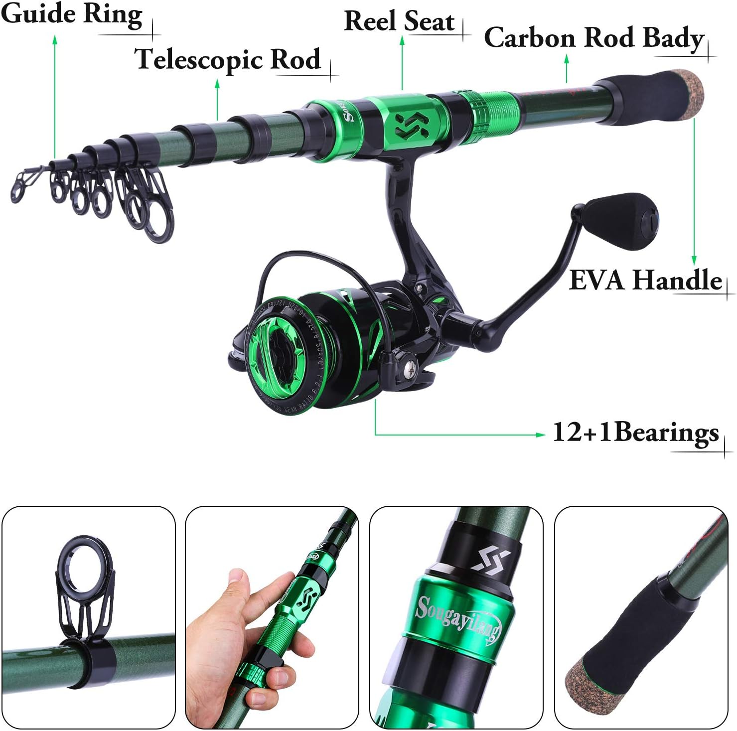 Combo de Cañas y Carretes de Pesca – Cañas telescópicas y carretes portátiles de fibra de carbono.