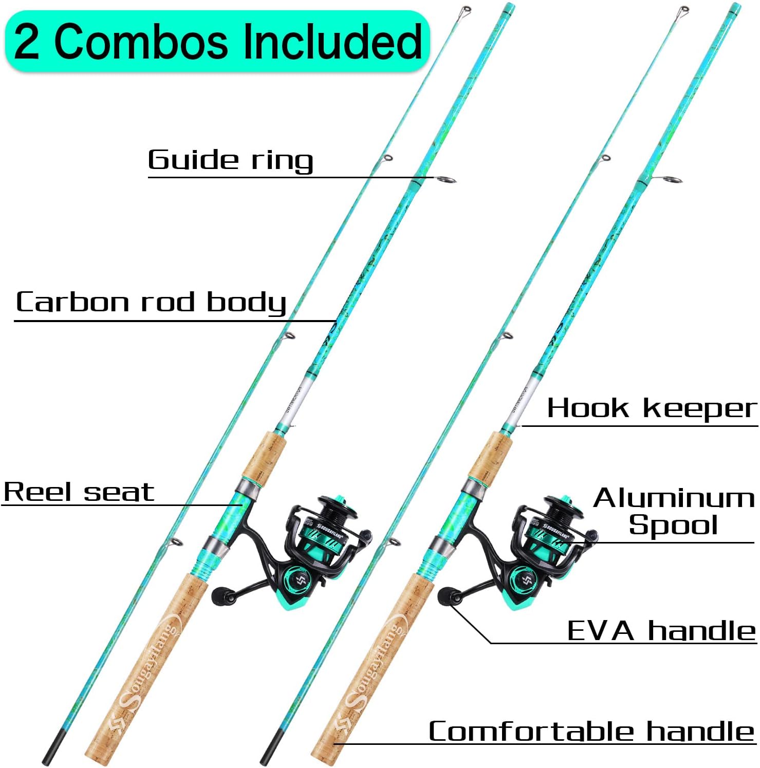 Combo de Caña y Carrete de Pesca – Incluye 2 cañas de 5’6” de grafito y fibra de vidrio duraderas, con carrete antirretroceso Quickset