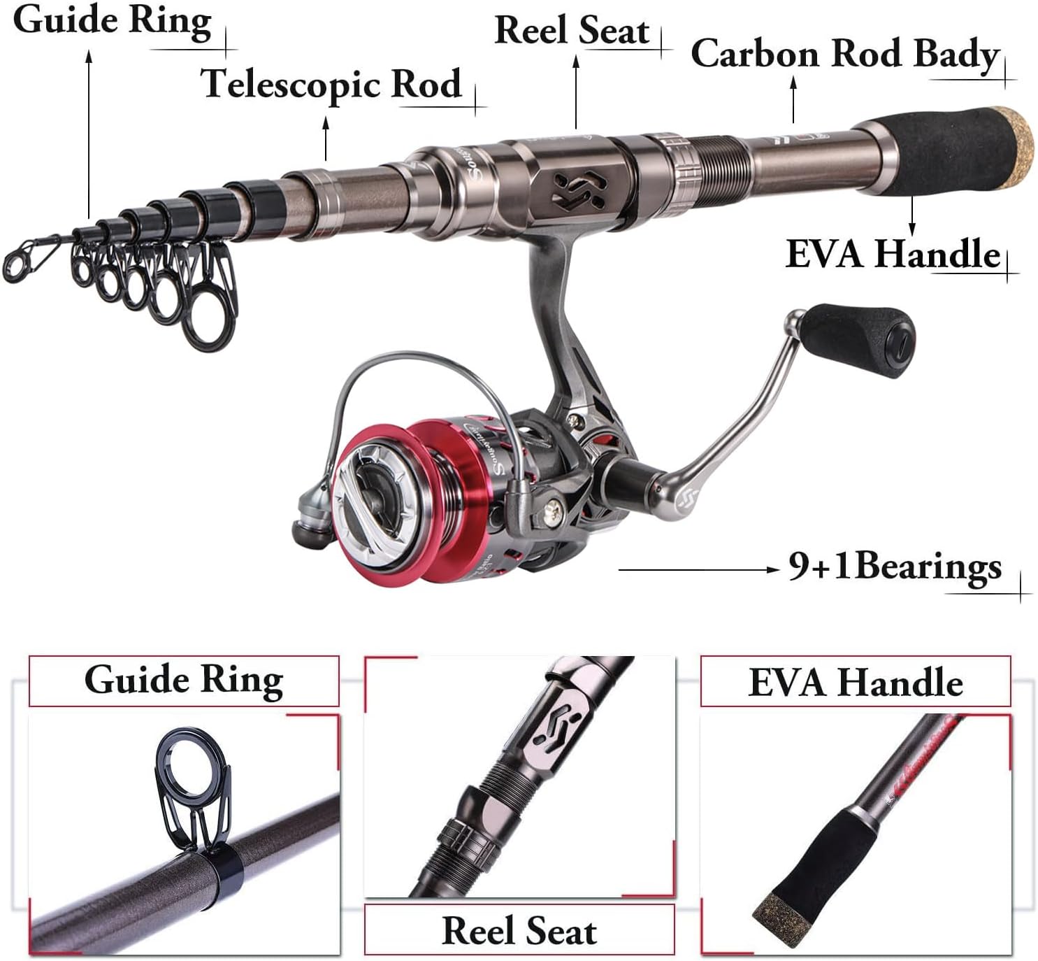 Combo de Cañas y Carretes de Pesca – Cañas telescópicas y carretes portátiles de fibra de carbono, ideales para pesca en agua dulce y salada.