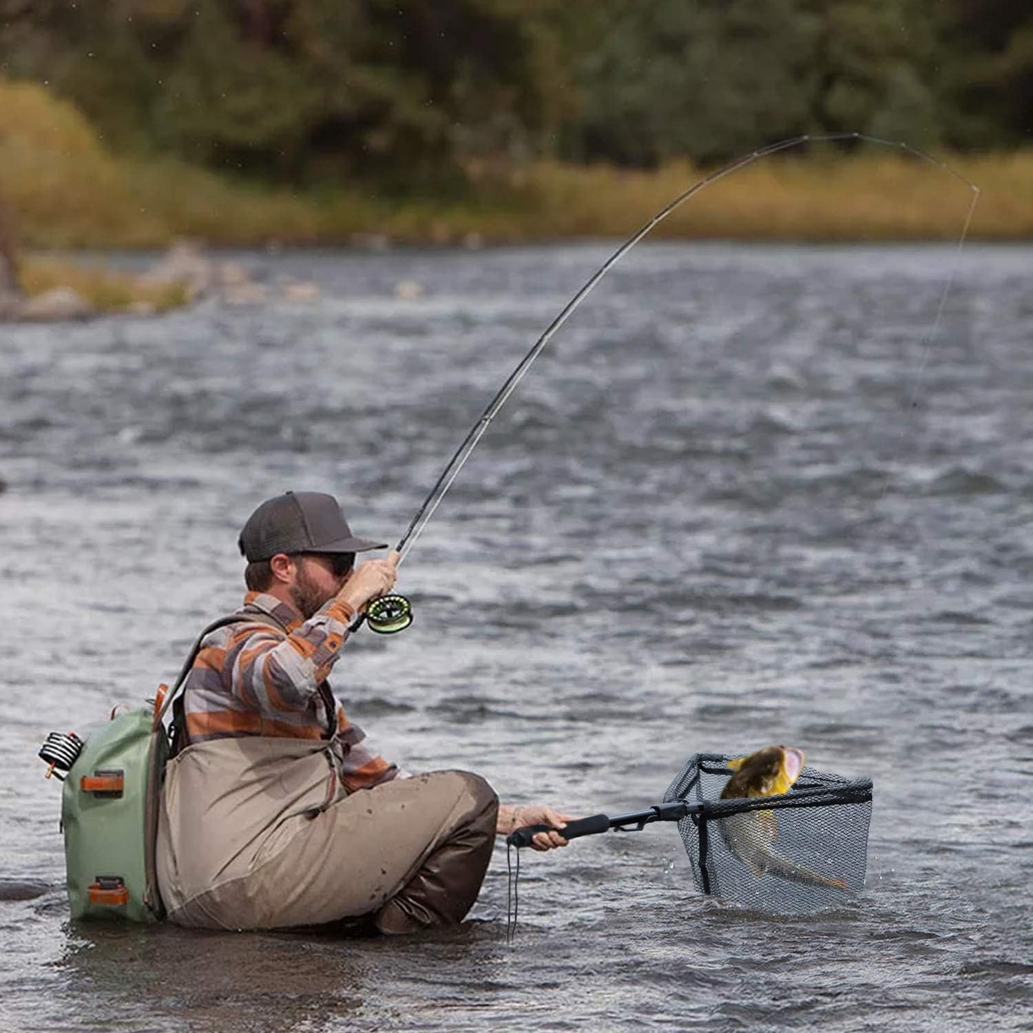 Nasa - Red de pesca roja telescópico 74cm, Plegable con mango de EVA, malla de material de nailon duradero
