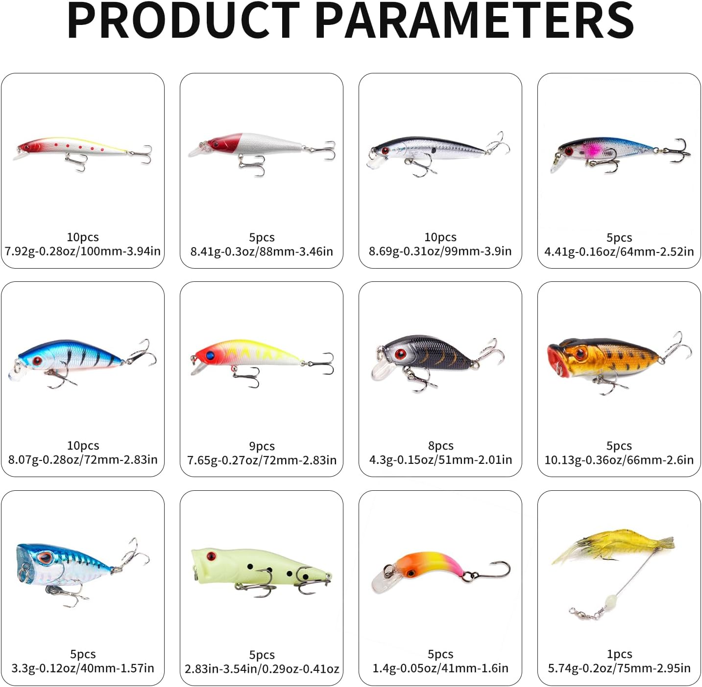 Kit de Señuelos Artificiales de Pesca Mixto Incluyendo Minnow de Aleta de Buceo Frontal, Popper de Superficie, Cebos de Manivela, Lápiz VIB con Anzuelo y Señuelos Suaves, Accesorios para Agua