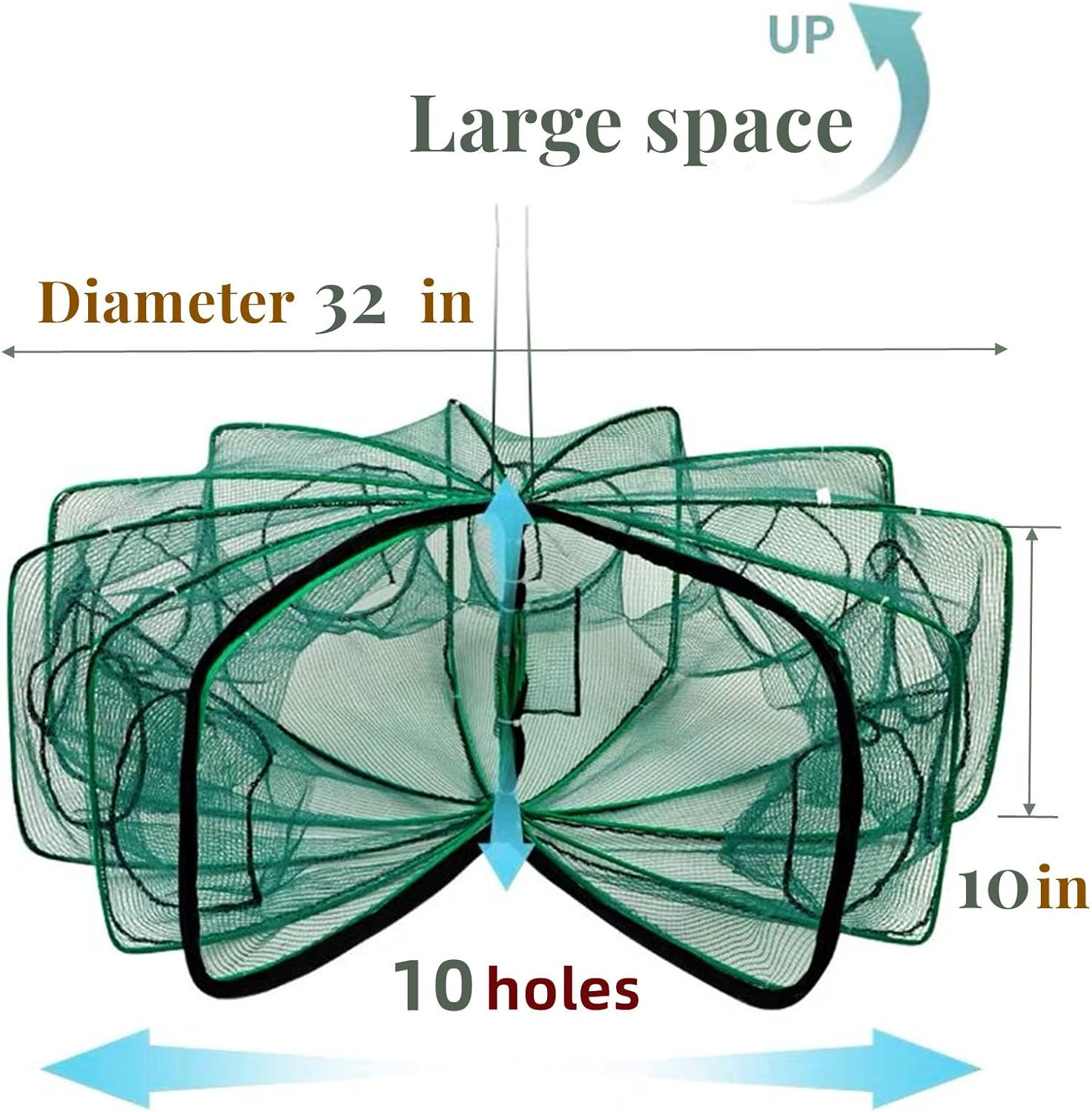 Trampa de Pesca Plegable 81x25 cm – Redes con 10 agujeros y 10 lados, ideal para peces, cangrejos y camarones, con espacio ampliado y bolsa de carnada incluida.