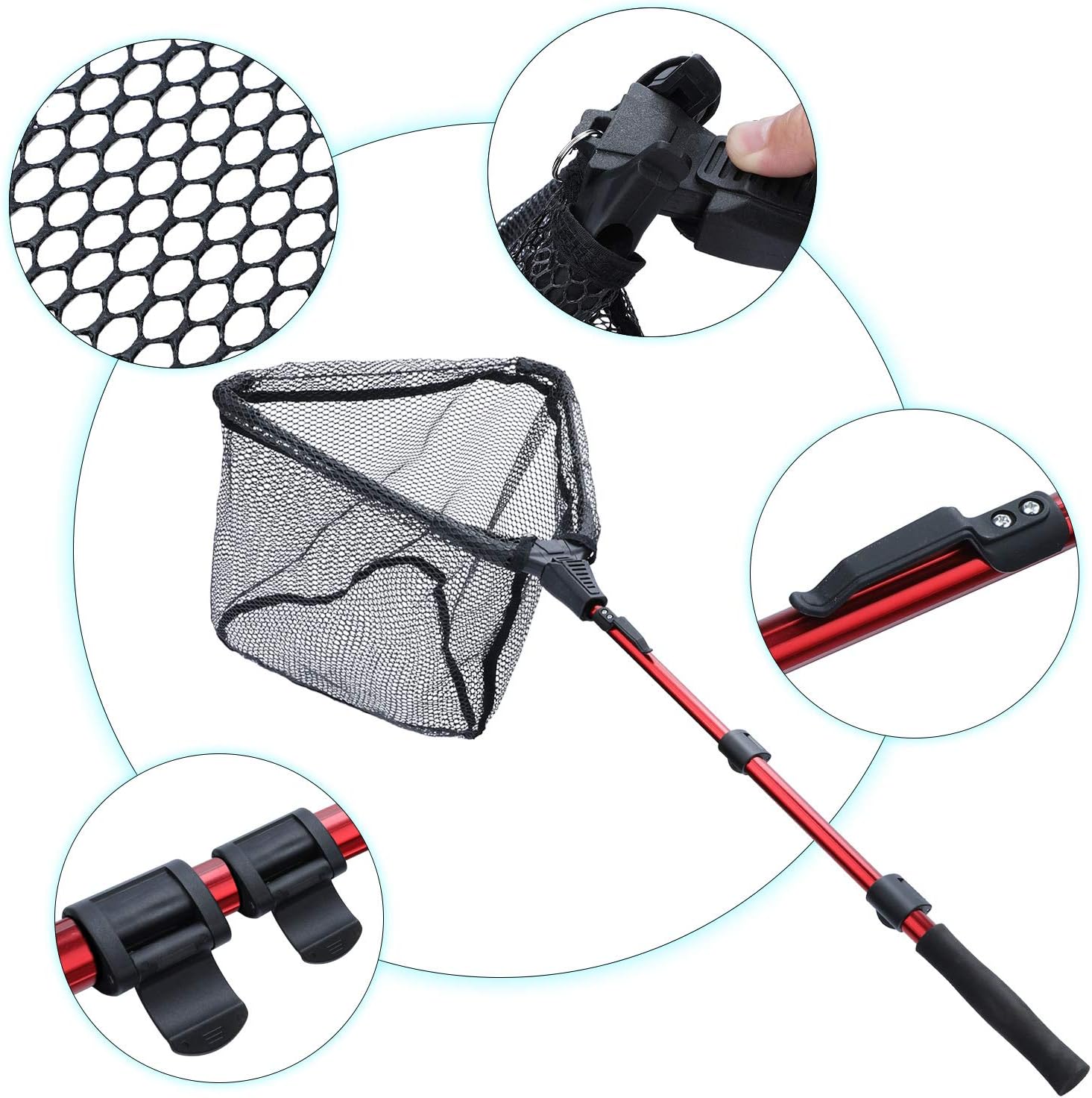 Nasa - Red de pesca roja telescópico 1.15 metros, Plegable con mango de EVA, malla de material de nailon duradero