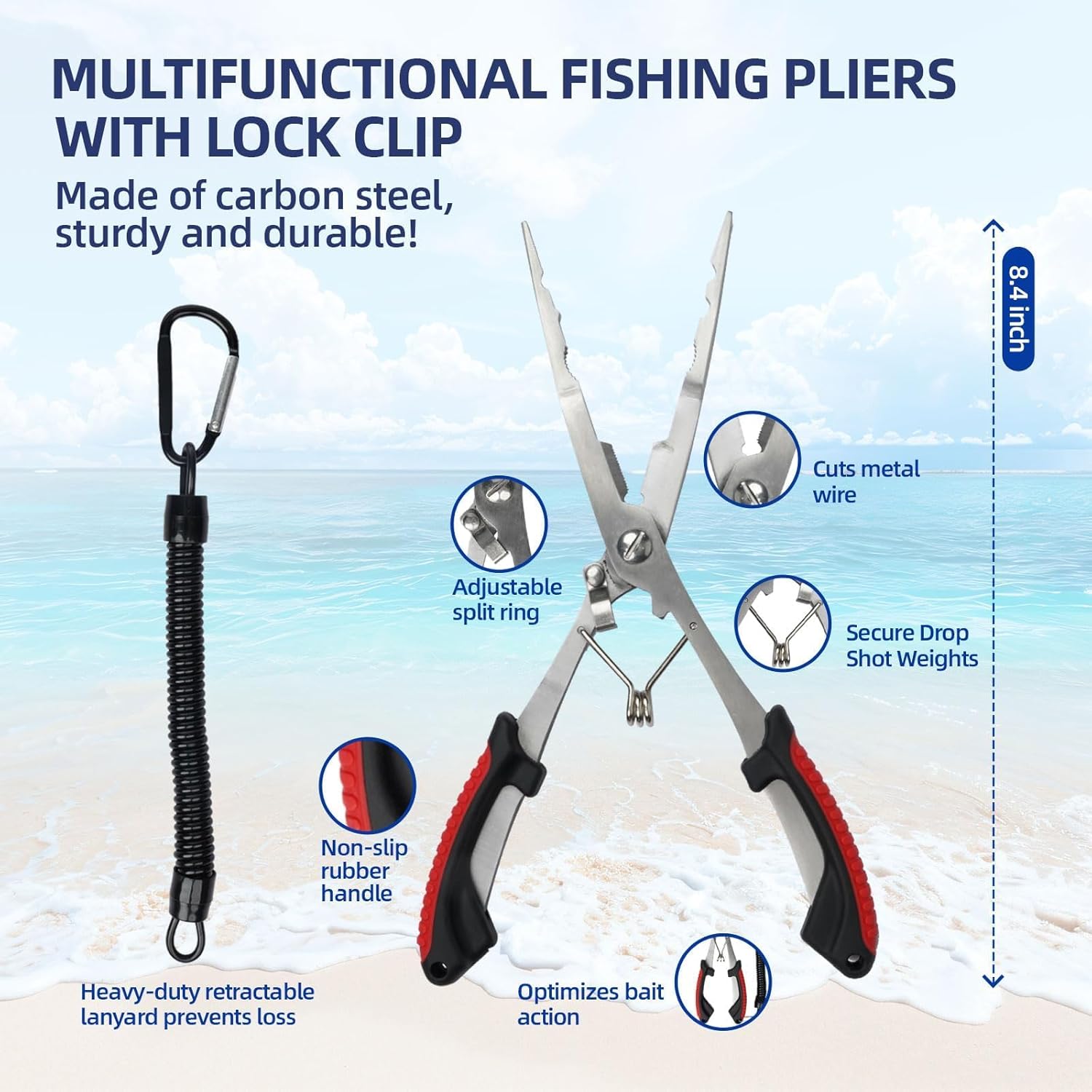 Kit de Pesca Completo – Incluye cuchillo de fileteo, alicates con cordón, cortador de línea, removedor de ganchos, agarre de pescado y báscula de pesca.
