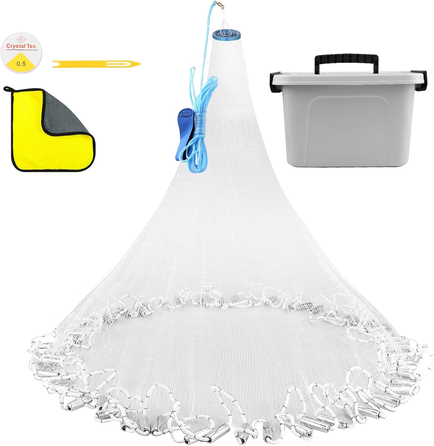 Red de pesca con Caja de Utilidad – Radio de 0,9 a 3 metros, hecha a mano con monofilamento y pesas de zinc de plomo, perfecta para capturar carnada viva.