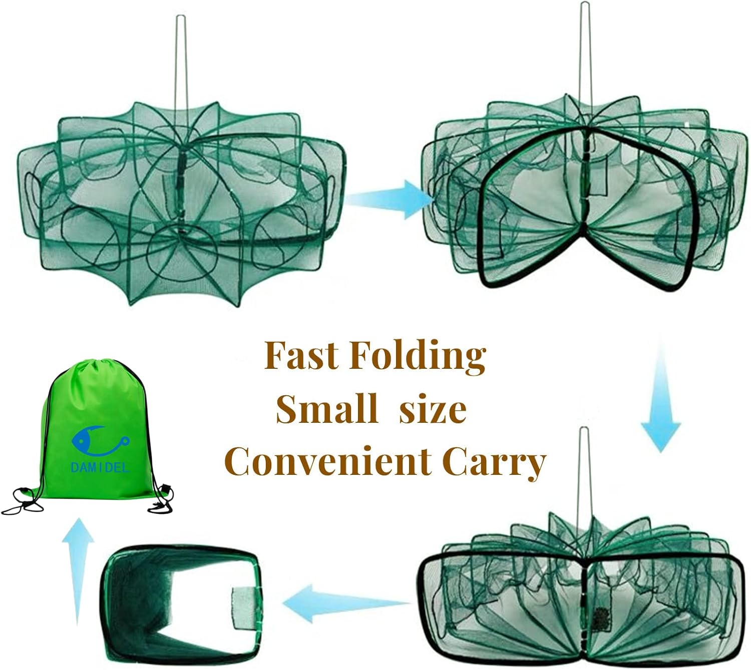 Trampa de Pesca Plegable 81x25 cm – Redes con 10 agujeros y 10 lados, ideal para peces, cangrejos y camarones, con espacio ampliado y bolsa de carnada incluida.