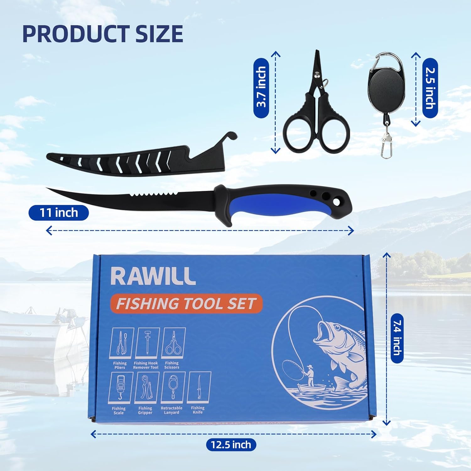 Kit de pesca incluye: cuchillo de fileteo, removedor de ganchos, agarre de pescado, cortador de línea, báscula de pesca y alicates con cordones.