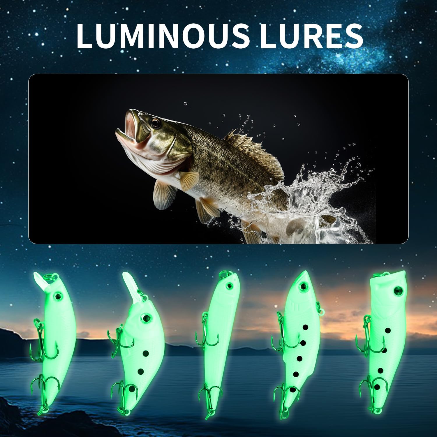 Kit de Señuelos Artificiales de Pesca Mixto Incluyendo Minnow de Aleta de Buceo Frontal, Popper de Superficie, Cebos de Manivela, Lápiz VIB con Anzuelo y Señuelos Suaves, Accesorios para Agua