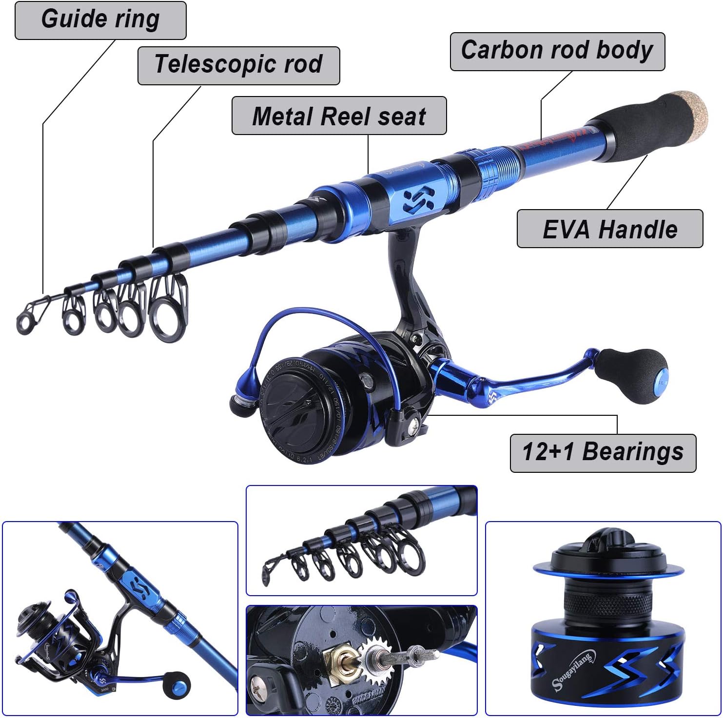 Combo de Cañas y Carretes de Pesca – Cañas telescópicas y carretes portátiles de fibra de carbono, ideales para pesca en agua dulce y salada.