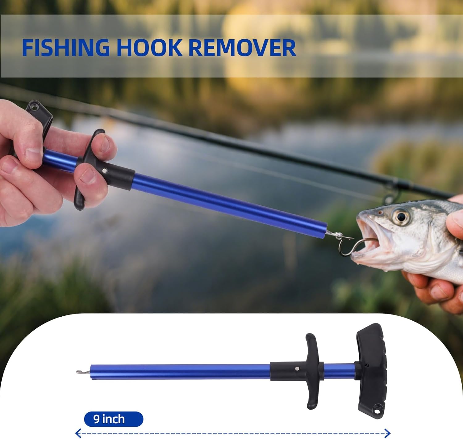 Kit de pesca incluye: cuchillo de fileteo, removedor de ganchos, agarre de pescado, cortador de línea, báscula de pesca y alicates con cordones.