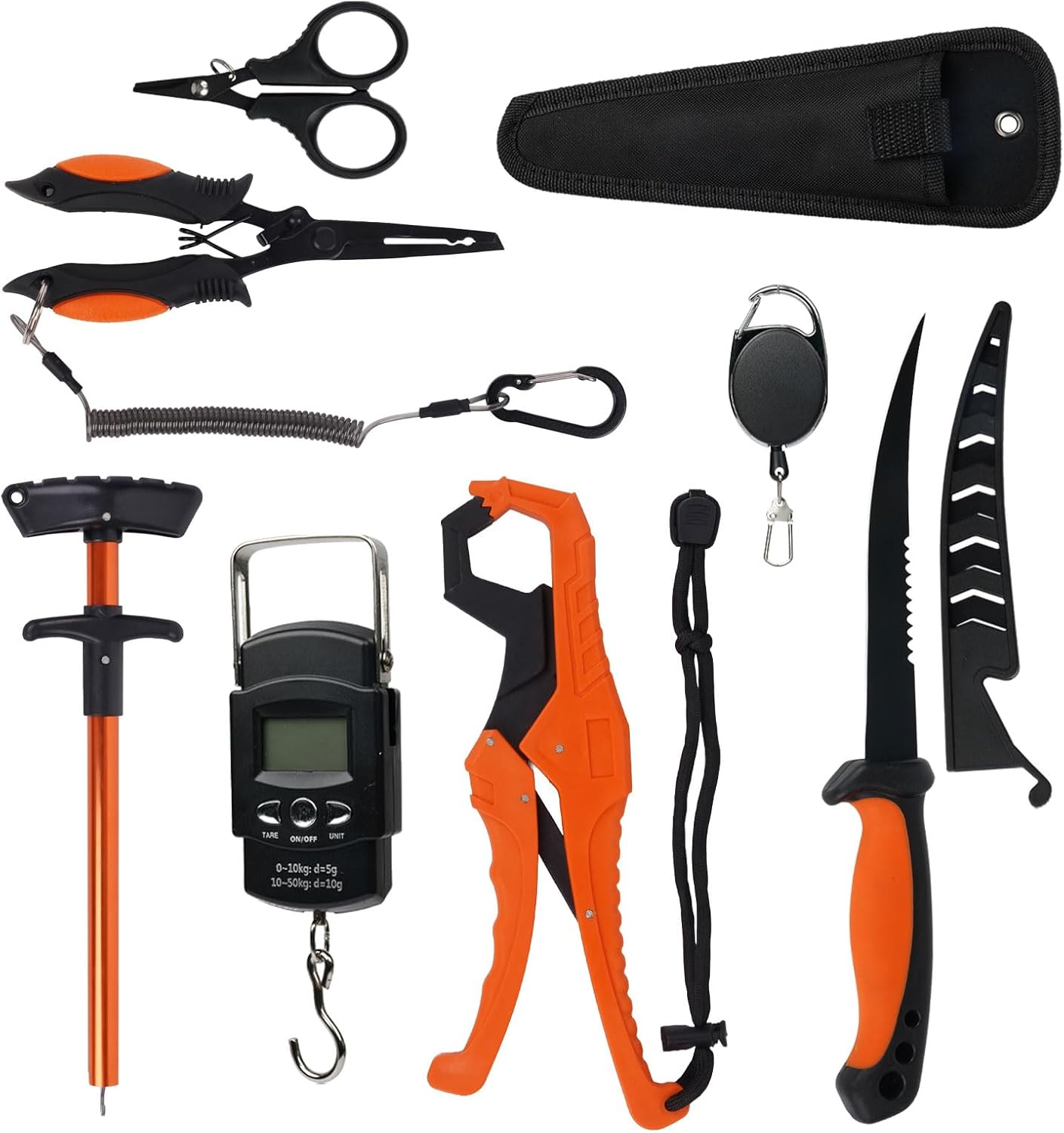 Kit de Pesca Completo – Incluye báscula de pesca, cuchillo de fileteo, alicates con cordón, removedor de ganchos, cortador de línea y agarre de pescado.