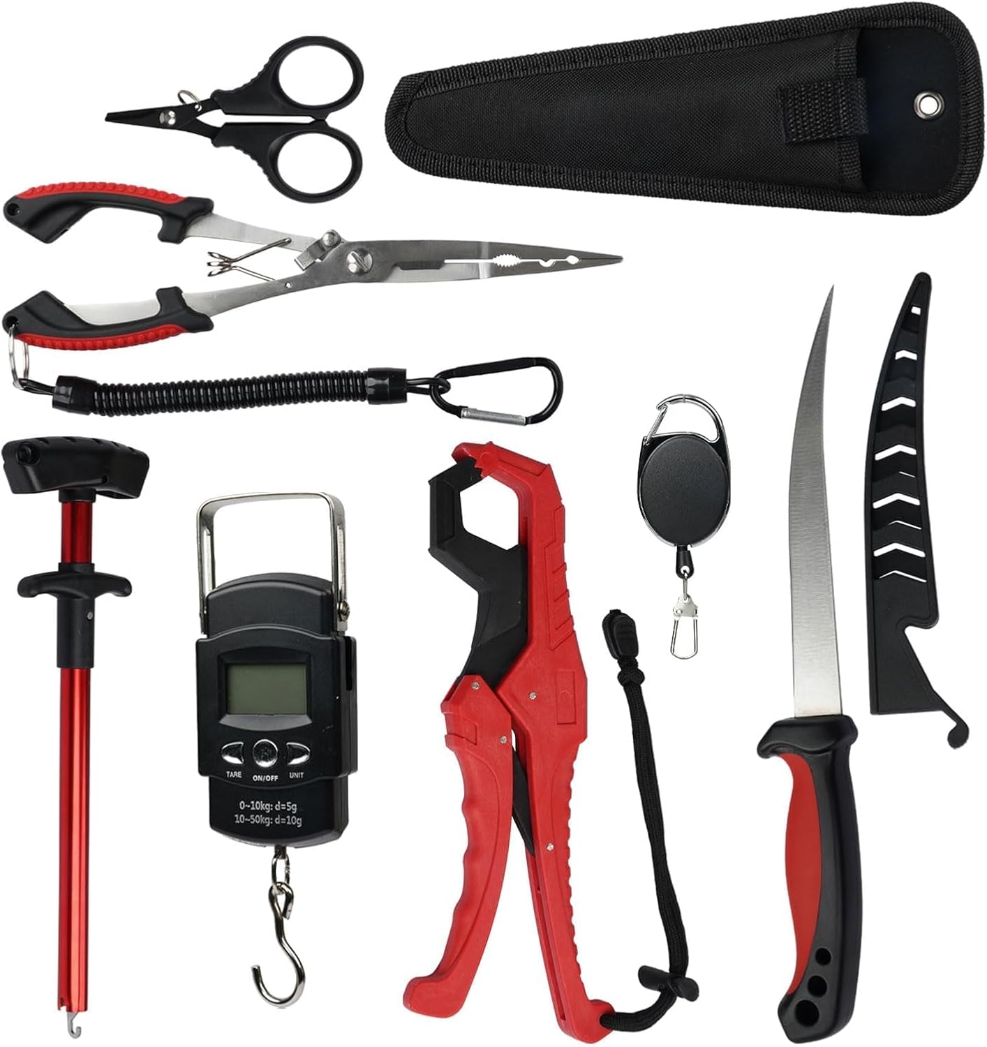 Kit de Pesca Completo – Incluye cuchillo de fileteo, alicates con cordón, cortador de línea, removedor de ganchos, agarre de pescado y báscula de pesca.