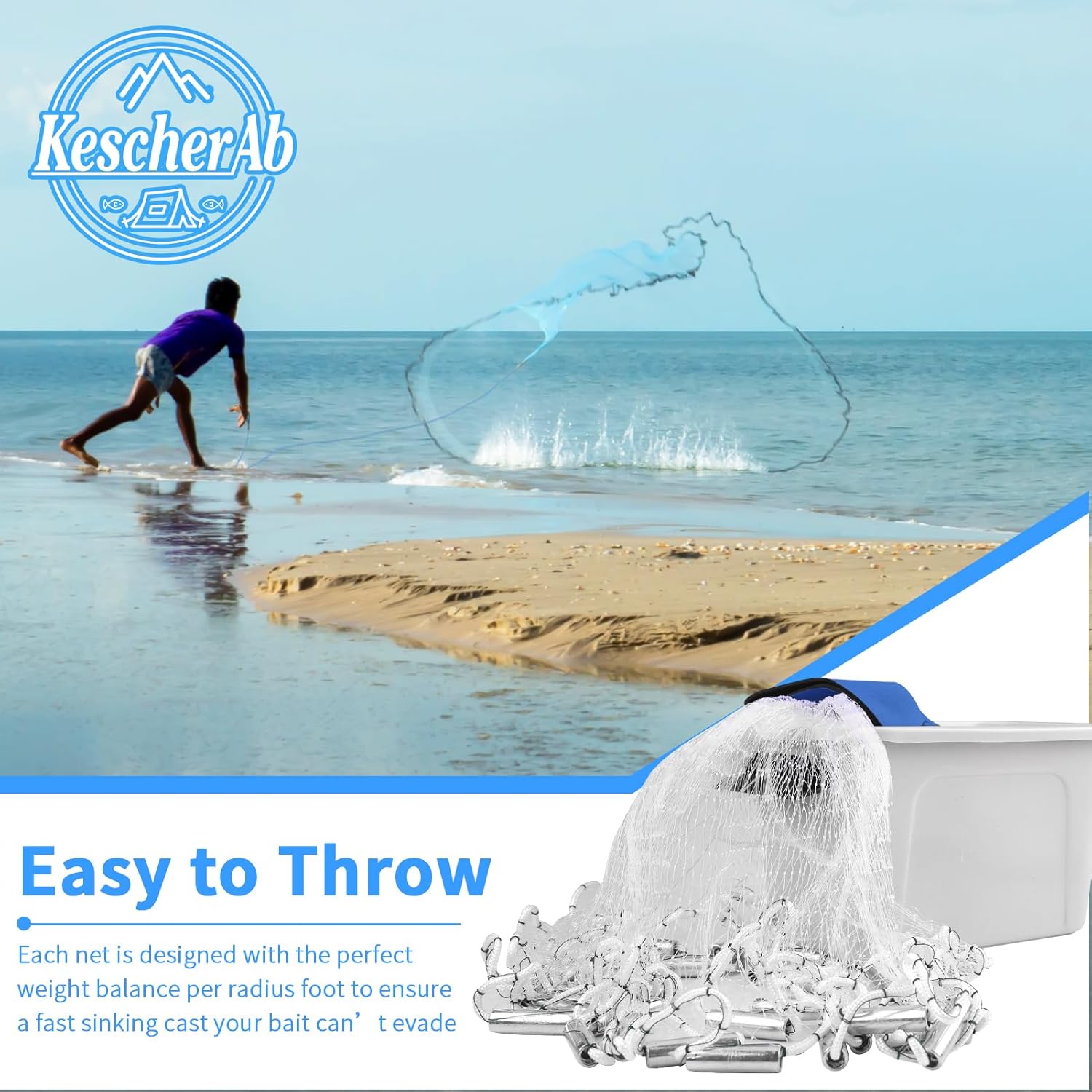 Red de pesca con Caja de Utilidad – Radio de 0,9 a 3 metros, hecha a mano con monofilamento y pesas de zinc de plomo, perfecta para capturar carnada viva.