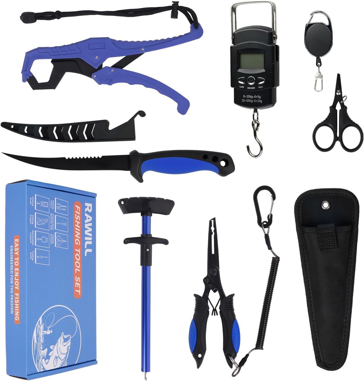 Kit de pesca incluye: cuchillo de fileteo, removedor de ganchos, agarre de pescado, cortador de línea, báscula de pesca y alicates con cordones.