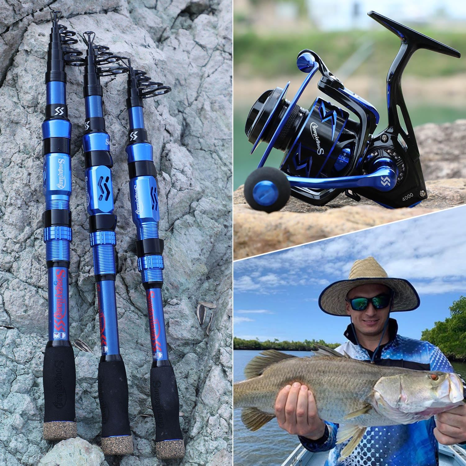 Combo de Cañas y Carretes de Pesca – Cañas telescópicas y carretes portátiles de fibra de carbono, ideales para pesca en agua dulce y salada.