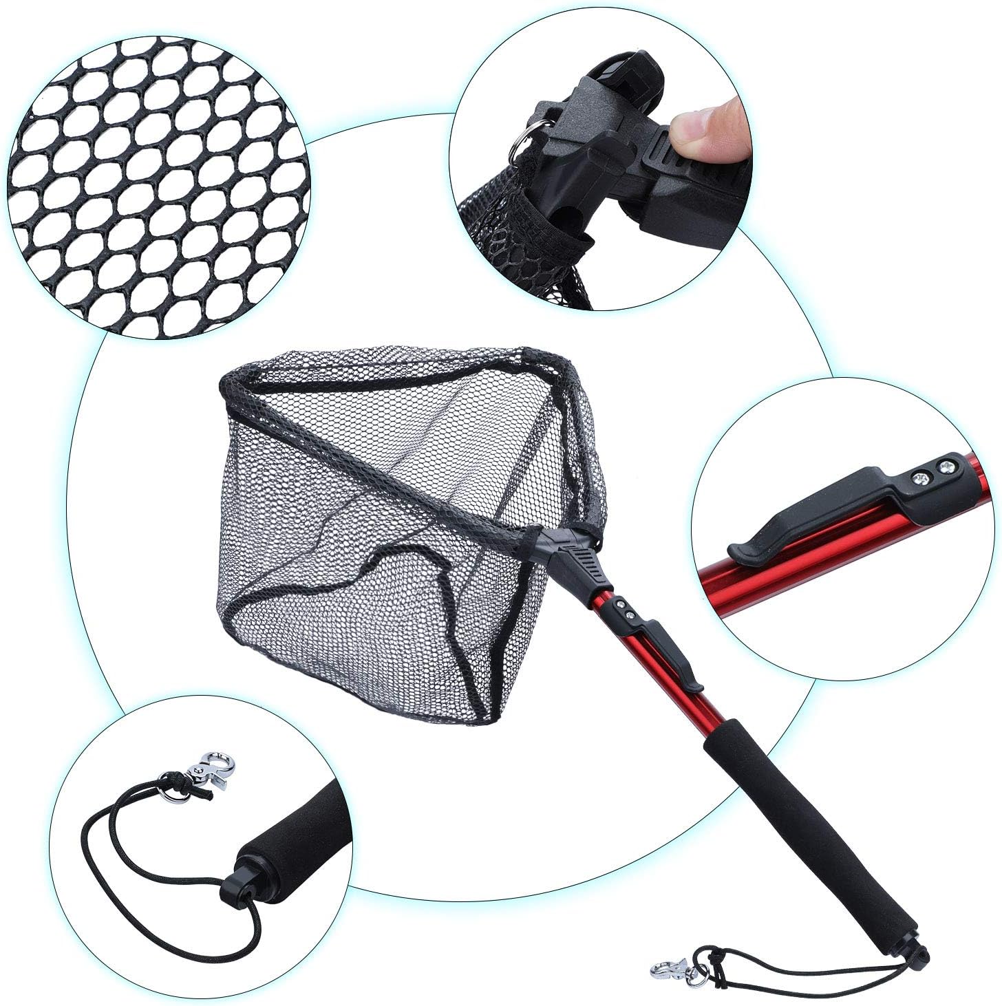 Nasa - Red de pesca roja telescópico 74cm, Plegable con mango de EVA, malla de material de nailon duradero