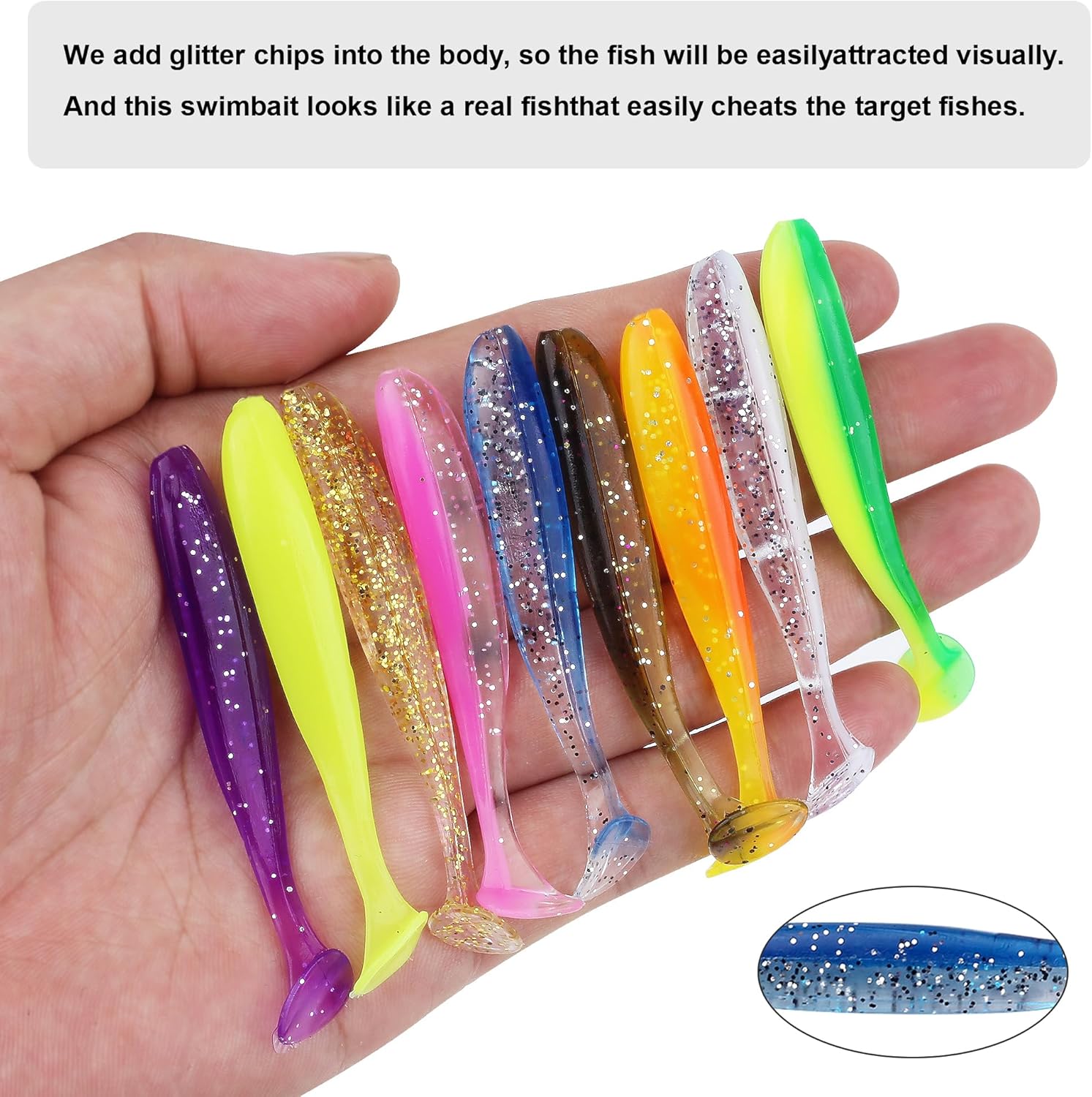 Kit Señuelos de Pesca Suaves 90 Piezas + 5 Anzuelos Cola de Pala para Lubina y Trucha