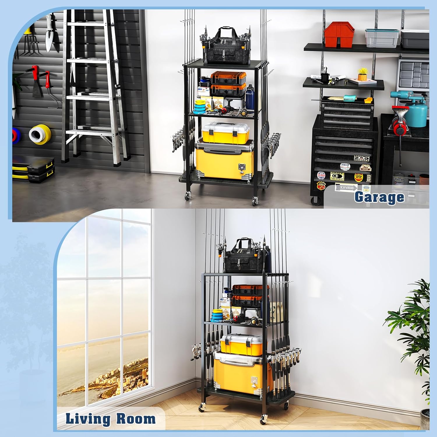 Soporte para Caña de Pescar tipo carrito para 10 Cañas Compatible con Todas las Cañas de Pescar, Organizador de Almacenamiento de Aparejos de 3 Niveles