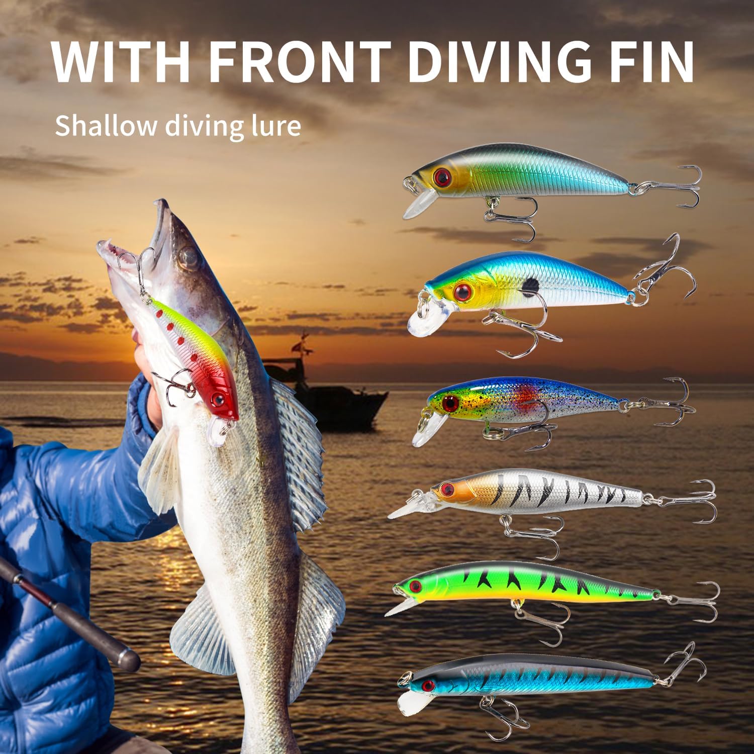 Kit de Señuelos Artificiales de Pesca Mixto Incluyendo Minnow de Aleta de Buceo Frontal, Popper de Superficie, Cebos de Manivela, Lápiz VIB con Anzuelo y Señuelos Suaves, Accesorios para Agua