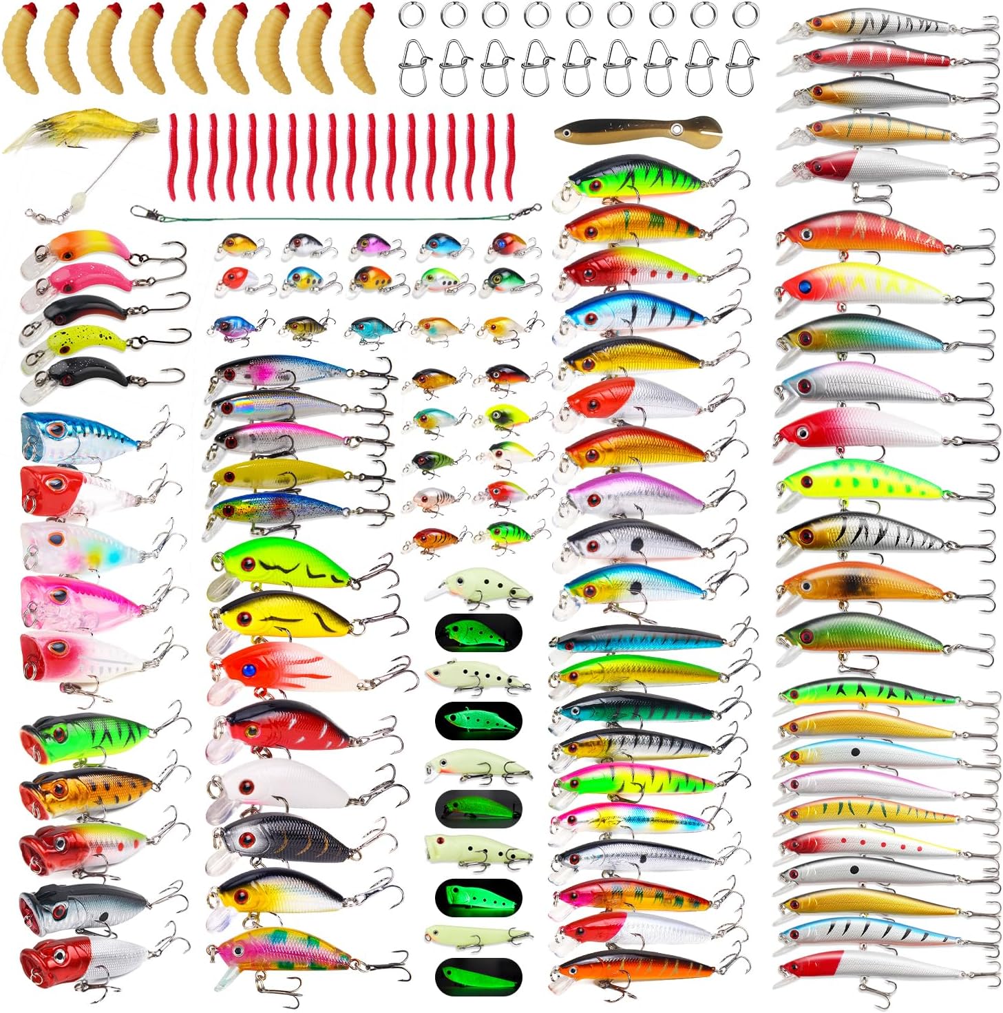 Kit de Señuelos Artificiales de Pesca Mixto Incluyendo Minnow de Aleta de Buceo Frontal, Popper de Superficie, Cebos de Manivela, Lápiz VIB con Anzuelo y Señuelos Suaves, Accesorios para Agua