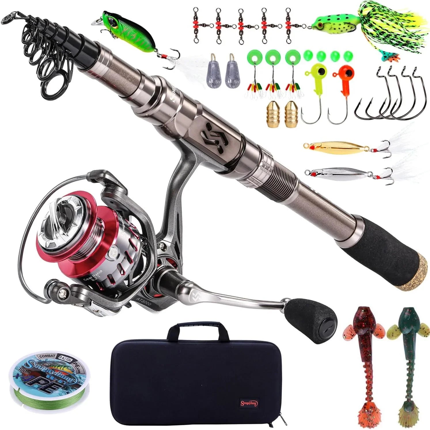 Combo de Caña de Pescar y Carrete Spinning Telescópica 1.8m Gris